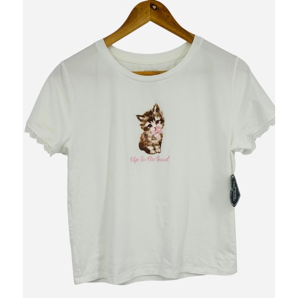 Homegirl Society Tops - Homegirl Society Womens XL T Shirt Kitten Graphic Lace Trim White Cotton Blend